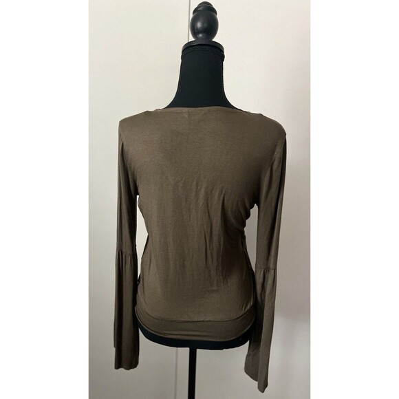 Aeropostale Faux-Wrap Crop Pullover Blouse Bell Sleeve Top Olive Green Hippie S - Picture 3 of 6